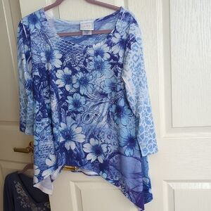 Lapis Blue Floral Asymmetrical Blouse